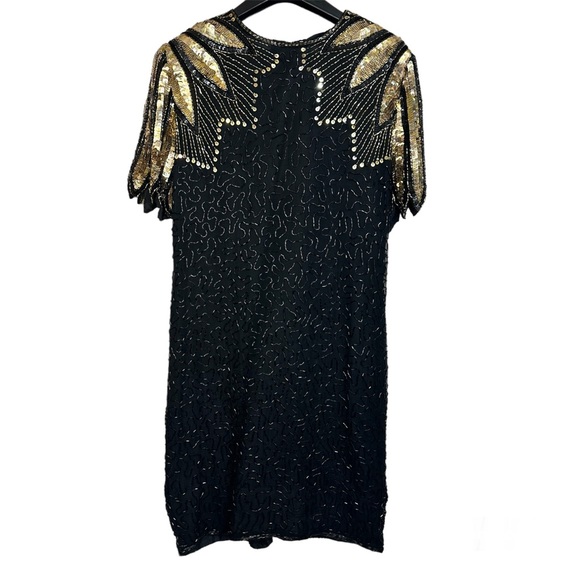 Vintage 100% Silk Sequin Beaded Gold Black 12p Midi Dress - Picture 12 of 12